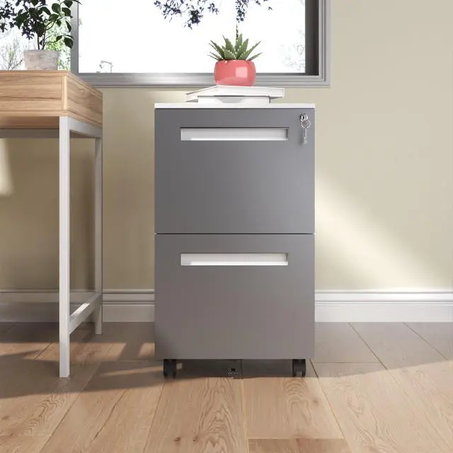 Alt view image 5 of 7 - 2-Drawer Mobile File Cabinet with Lock, All-Steel Metal Storage Cabinet on 360° Wheels, for Home Office & Commercial Use, Fully Assembled, Holds A4/Letter/Legal Files, 110lbs/Drawer Capacity
