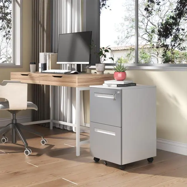 Alt view image 6 of 7 - 2-Drawer Mobile File Cabinet with Lock, All-Steel Metal Storage Cabinet on 360° Wheels, for Home Office & Commercial Use, Fully Assembled, Holds A4/Letter/Legal Files, 110lbs/Drawer Capacity