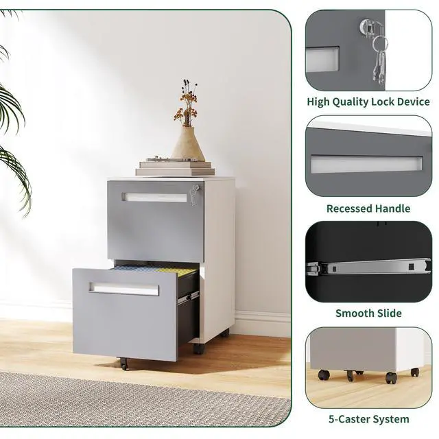 Alt view image 7 of 7 - 2-Drawer Mobile File Cabinet with Lock, All-Steel Metal Storage Cabinet on 360° Wheels, for Home Office & Commercial Use, Fully Assembled, Holds A4/Letter/Legal Files, 110lbs/Drawer Capacity