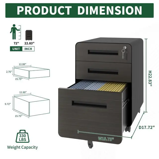 Alt view image 3 of 7 - 3-Drawer Mobile File Cabinet with Lock, All-Steel Metal Storage Cabinet on Casters, for Home & Office,Black, Fully Assembled, Holds A4/Letter Files