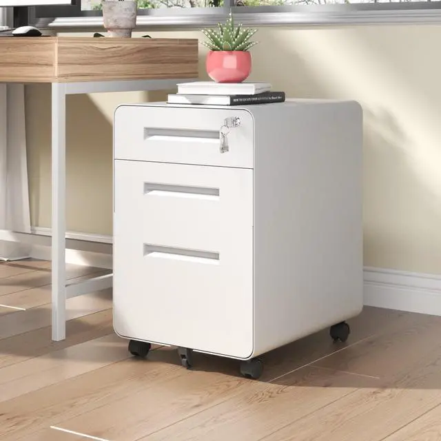 Alt view image 2 of 7 - 3-Drawer Wide Mobile File Cabinet with Lock, All-Steel Metal Storage Cabinet on Casters, for Home & Office,White, Fully Assembled, Holds A4/Letter Files, 110lbs/Drawer