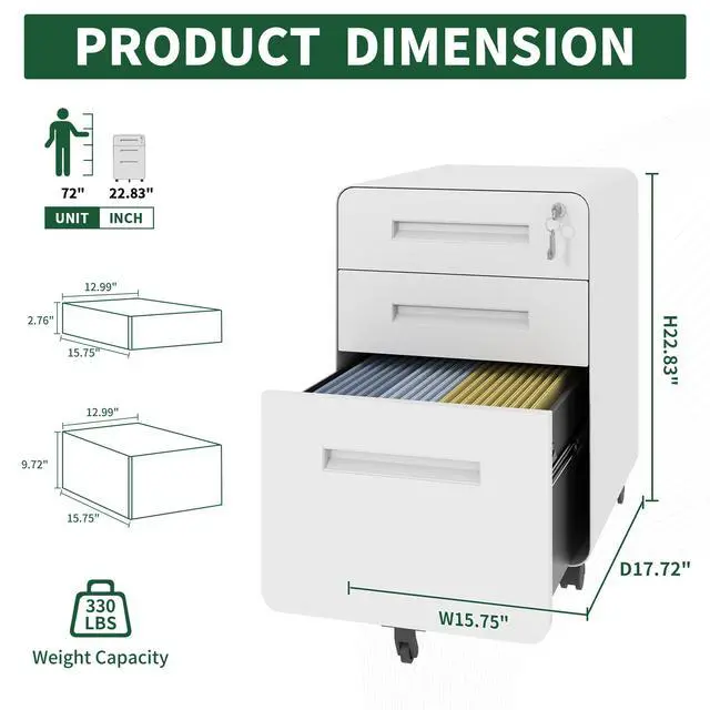 Alt view image 3 of 7 - 3-Drawer Wide Mobile File Cabinet with Lock, All-Steel Metal Storage Cabinet on Casters, for Home & Office,White, Fully Assembled, Holds A4/Letter Files, 110lbs/Drawer