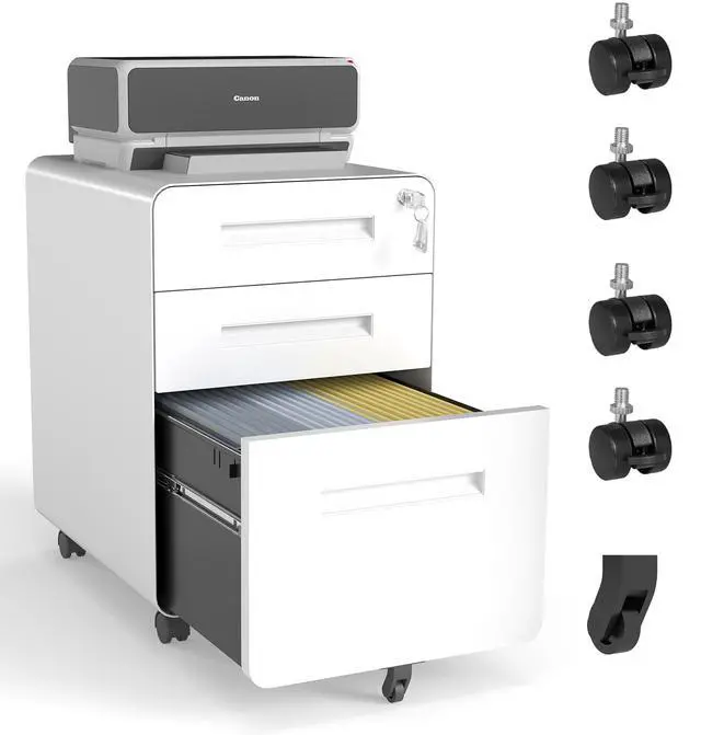 Alt view image 4 of 7 - 3-Drawer Wide Mobile File Cabinet with Lock, All-Steel Metal Storage Cabinet on Casters, for Home & Office,White, Fully Assembled, Holds A4/Letter Files, 110lbs/Drawer