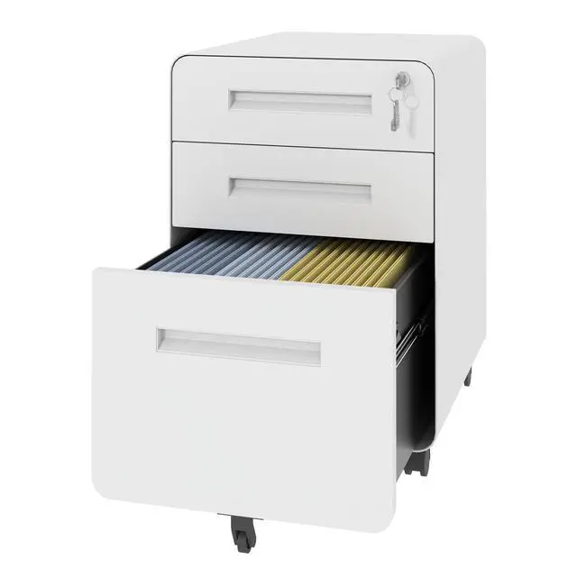 Alt view image 6 of 7 - 3-Drawer Wide Mobile File Cabinet with Lock, All-Steel Metal Storage Cabinet on Casters, for Home & Office,White, Fully Assembled, Holds A4/Letter Files, 110lbs/Drawer