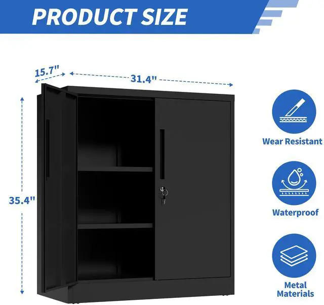 Alt view image 3 of 7 - Metal Storage Cabinet with Lock, 2-Door Garage Storage Cabinet with 2 Adjustable Shelves, Heavy Duty Steel File Cabinet for Home, Office, Garage, School (Black, 35.4"H)