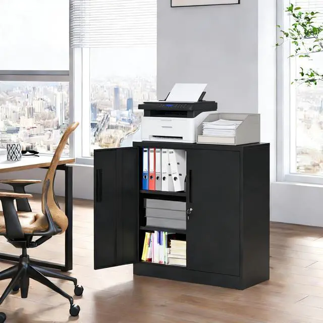 Alt view image 2 of 7 - Metal Storage Cabinet with Lock, 2-Door Garage Storage Cabinet with 2 Adjustable Shelves, Heavy Duty Steel File Cabinet for Home, Office, Garage, School (Black, 35.4"H)