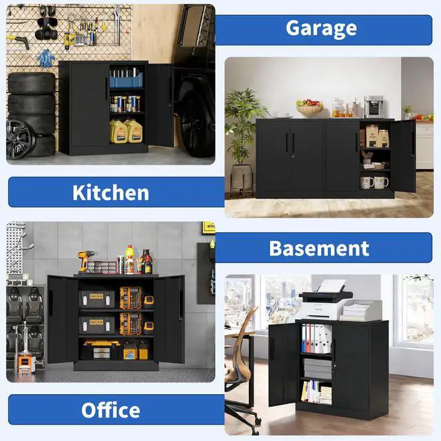 Alt view image 4 of 7 - Metal Storage Cabinet with Lock, 2-Door Garage Storage Cabinet with 2 Adjustable Shelves, Heavy Duty Steel File Cabinet for Home, Office, Garage, School (Black, 35.4"H)