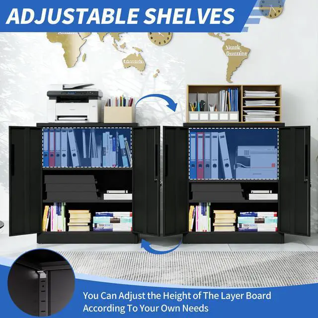 Alt view image 6 of 7 - Metal Storage Cabinet with Lock, 2-Door Garage Storage Cabinet with 2 Adjustable Shelves, Heavy Duty Steel File Cabinet for Home, Office, Garage, School (Black, 35.4"H)