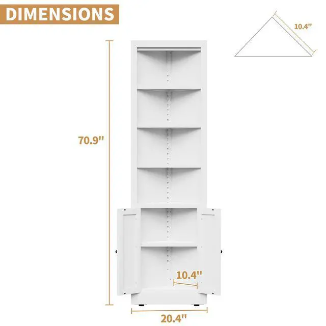 Alt view image 3 of 7 - 71" Tall Corner Storage Cabinet with 2 Doors, 5-Tier Metal Cabinet with Adjustable Shelves, Freestanding Kitchen Storage for Pantry, Living Room, Bathroom, Laundry Room, Space Saving Furniture, White