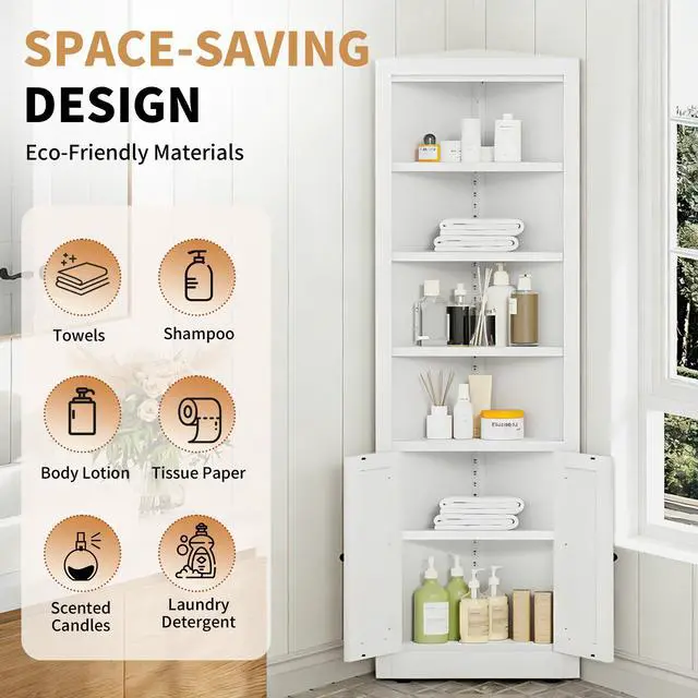Alt view image 5 of 7 - 71" Tall Corner Storage Cabinet with 2 Doors, 5-Tier Metal Cabinet with Adjustable Shelves, Freestanding Kitchen Storage for Pantry, Living Room, Bathroom, Laundry Room, Space Saving Furniture, White
