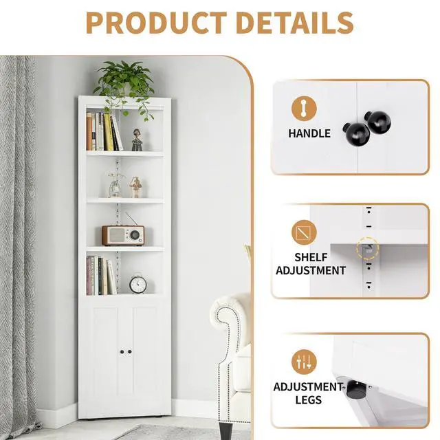 Alt view image 7 of 7 - 71" Tall Corner Storage Cabinet with 2 Doors, 5-Tier Metal Cabinet with Adjustable Shelves, Freestanding Kitchen Storage for Pantry, Living Room, Bathroom, Laundry Room, Space Saving Furniture, White