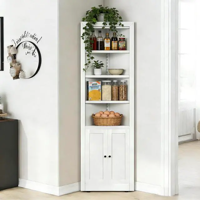 Alt view image 4 of 7 - 71" Tall Corner Storage Cabinet with 2 Doors, 5-Tier Metal Cabinet with Adjustable Shelves, Freestanding Kitchen Storage for Pantry, Living Room, Bathroom, Laundry Room, Space Saving Furniture, White