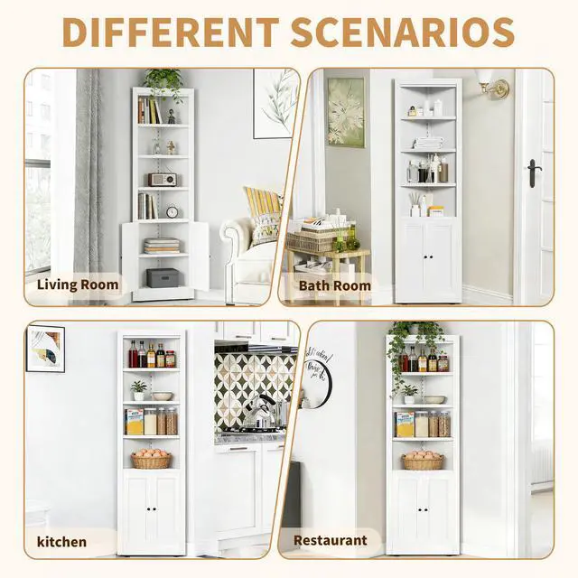 Alt view image 6 of 7 - 71" Tall Corner Storage Cabinet with 2 Doors, 5-Tier Metal Cabinet with Adjustable Shelves, Freestanding Kitchen Storage for Pantry, Living Room, Bathroom, Laundry Room, Space Saving Furniture, White