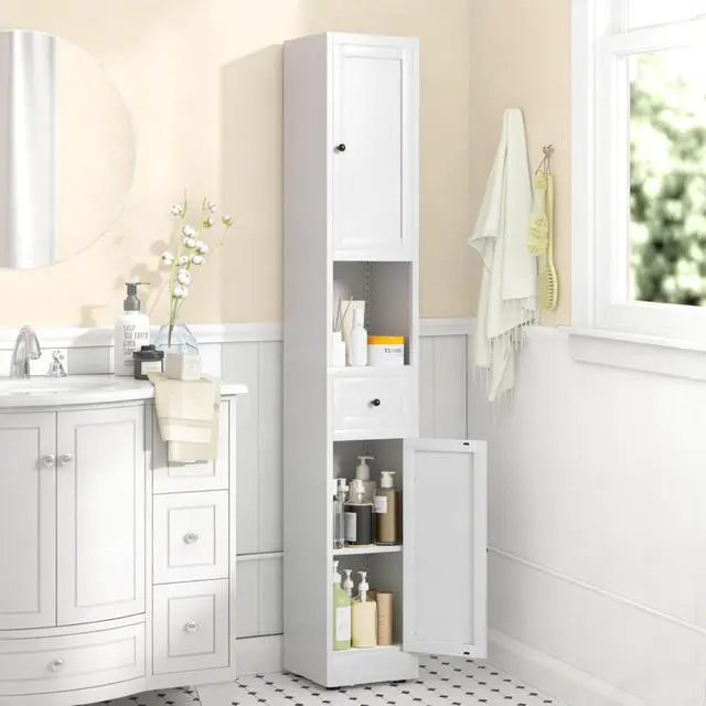 Alt view image 2 of 7 - 71 Inch Tall Bathroom Storage Cabinet, 5-Tier Narrow Metal Cabinet with 2 Doors & Adjustable Shelves, Freestanding Cabinet for Space Saving in Kitchen, Laundry Room, Pantry, White