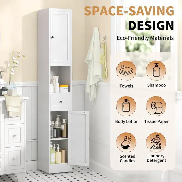 Alt view image 7 of 7 - 71 Inch Tall Bathroom Storage Cabinet, 5-Tier Narrow Metal Cabinet with 2 Doors & Adjustable Shelves, Freestanding Cabinet for Space Saving in Kitchen, Laundry Room, Pantry, White