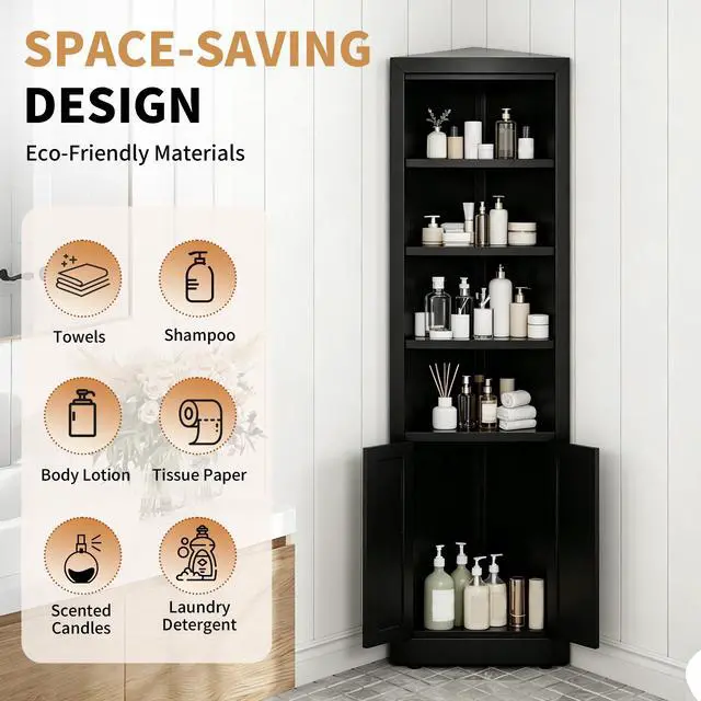 Alt view image 6 of 7 - 71" Tall Corner Storage Cabinet with 2 Doors, 5-Tier Metal Cabinet with Adjustable Shelves, Freestanding Kitchen Storage for Pantry, Living Room, Bathroom, Laundry Room, Space Saving Furniture, Black