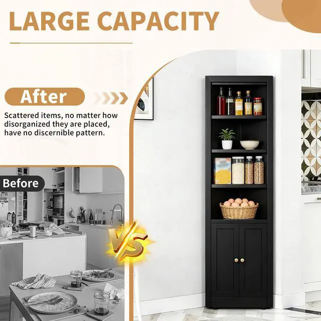 Alt view image 5 of 7 - 71" Tall Corner Storage Cabinet with 2 Doors, 5-Tier Metal Cabinet with Adjustable Shelves, Freestanding Kitchen Storage for Pantry, Living Room, Bathroom, Laundry Room, Space Saving Furniture, Black