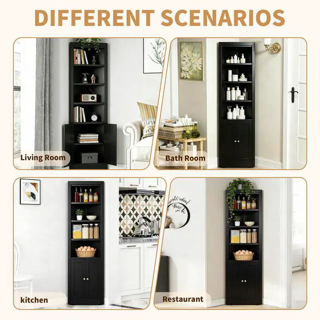 Alt view image 3 of 7 - 71" Tall Corner Storage Cabinet with 2 Doors, 5-Tier Metal Cabinet with Adjustable Shelves, Freestanding Kitchen Storage for Pantry, Living Room, Bathroom, Laundry Room, Space Saving Furniture, Black