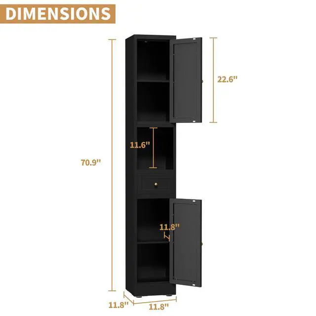 Alt view image 2 of 7 - 71 Inch Tall Bathroom Storage Cabinet, 5-Tier Narrow Metal Cabinet with 2 Doors & Adjustable Shelves, Freestanding Cabinet for Space Saving in Kitchen, Laundry Room, Pantry, Black