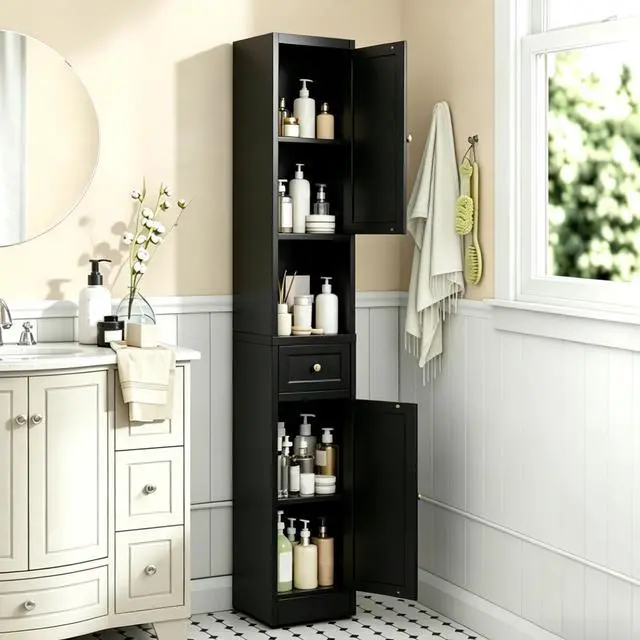 Main image of 71 Inch Tall Bathroom Storage Cabinet, 5-Tier Narrow Metal Cabinet with 2 Doors & Adjustable Shelves, Freestanding Cabinet for Space Saving in Kitchen, Laundry Room, Pantry, Black