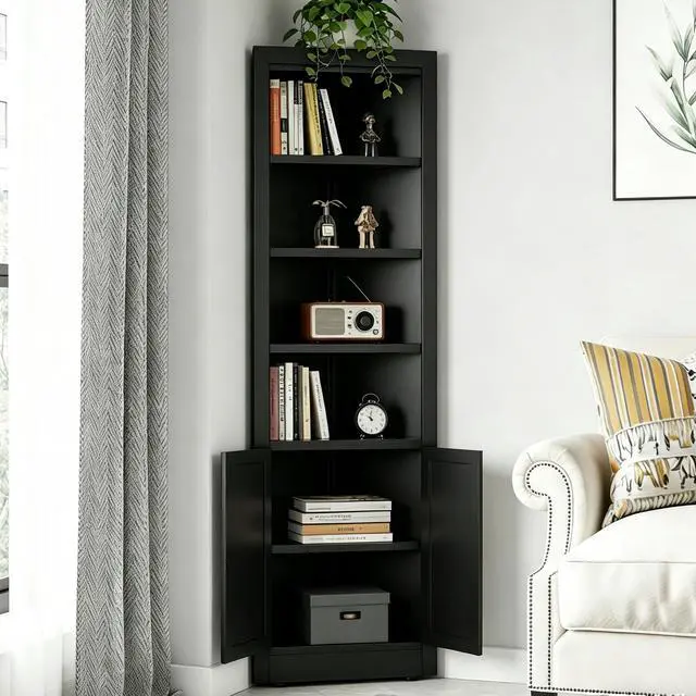 Alt view image 7 of 7 - 71" Tall Corner Storage Cabinet with 2 Doors, 5-Tier Metal Cabinet with Adjustable Shelves, Freestanding Kitchen Storage for Pantry, Living Room, Bathroom, Laundry Room, Space Saving Furniture, Black