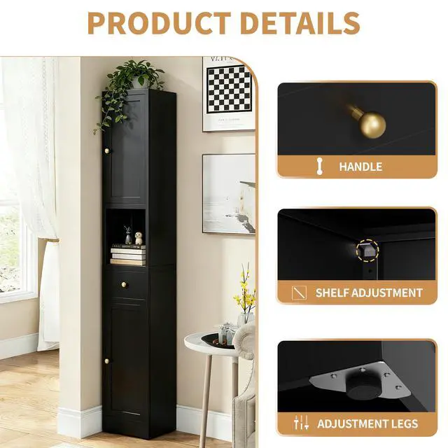 Alt view image 3 of 7 - 71 Inch Tall Bathroom Storage Cabinet, 5-Tier Narrow Metal Cabinet with 2 Doors & Adjustable Shelves, Freestanding Cabinet for Space Saving in Kitchen, Laundry Room, Pantry, Black