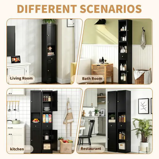 Alt view image 4 of 7 - 71 Inch Tall Bathroom Storage Cabinet, 5-Tier Narrow Metal Cabinet with 2 Doors & Adjustable Shelves, Freestanding Cabinet for Space Saving in Kitchen, Laundry Room, Pantry, Black