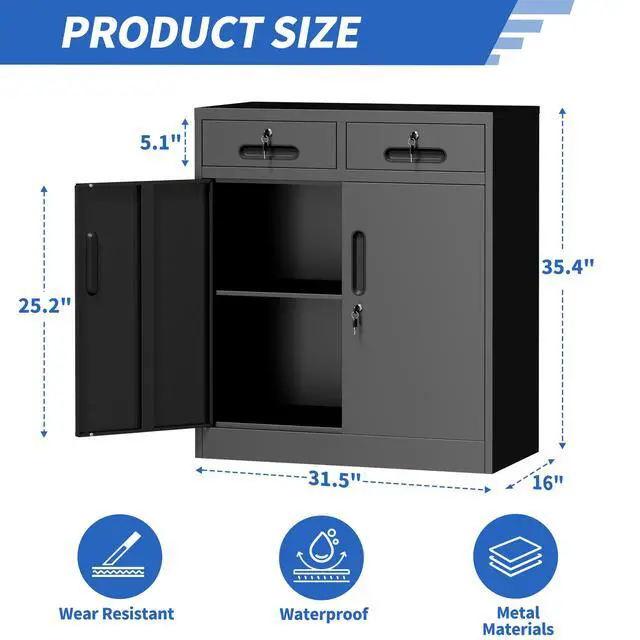 Alt view image 2 of 7 - Metal Storage Cabinet with Lock and Two Drawers, 2-Door Office Storage Cabinet with 1 Adjustable Shelves, Heavy Duty Steel File Cabinet for Home, Office, Garage, School (Black, 35.5"H)