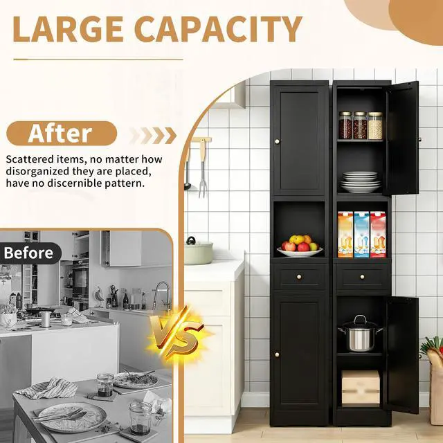 Alt view image 7 of 7 - 71 Inch Tall Bathroom Storage Cabinet, 5-Tier Narrow Metal Cabinet with 2 Doors & Adjustable Shelves, Freestanding Cabinet for Space Saving in Kitchen, Laundry Room, Pantry, Black