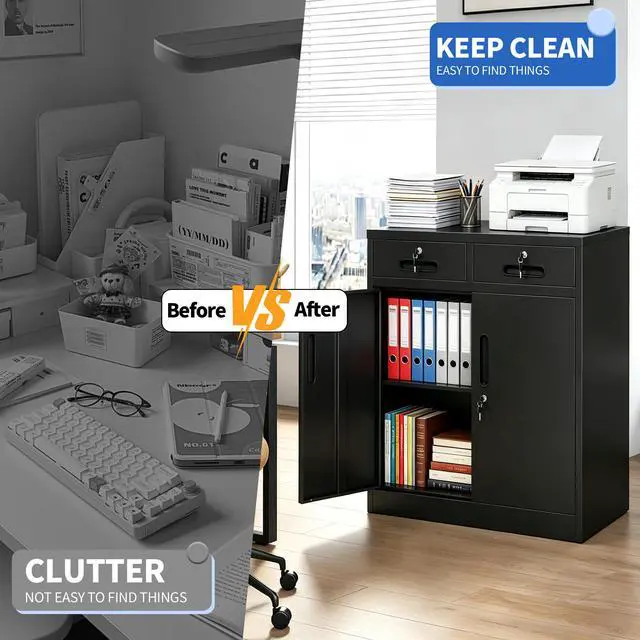 Alt view image 5 of 7 - Metal Storage Cabinet with Lock and Two Drawers, 2-Door Office Storage Cabinet with 1 Adjustable Shelves, Heavy Duty Steel File Cabinet for Home, Office, Garage, School (Black, 35.5"H)