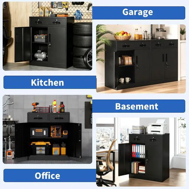 Alt view image 3 of 7 - Metal Storage Cabinet with Lock and Two Drawers, 2-Door Office Storage Cabinet with 1 Adjustable Shelves, Heavy Duty Steel File Cabinet for Home, Office, Garage, School (Black, 35.5"H)