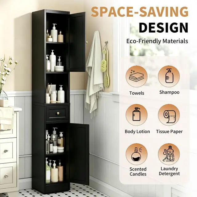 Alt view image 6 of 7 - 71 Inch Tall Bathroom Storage Cabinet, 5-Tier Narrow Metal Cabinet with 2 Doors & Adjustable Shelves, Freestanding Cabinet for Space Saving in Kitchen, Laundry Room, Pantry, Black