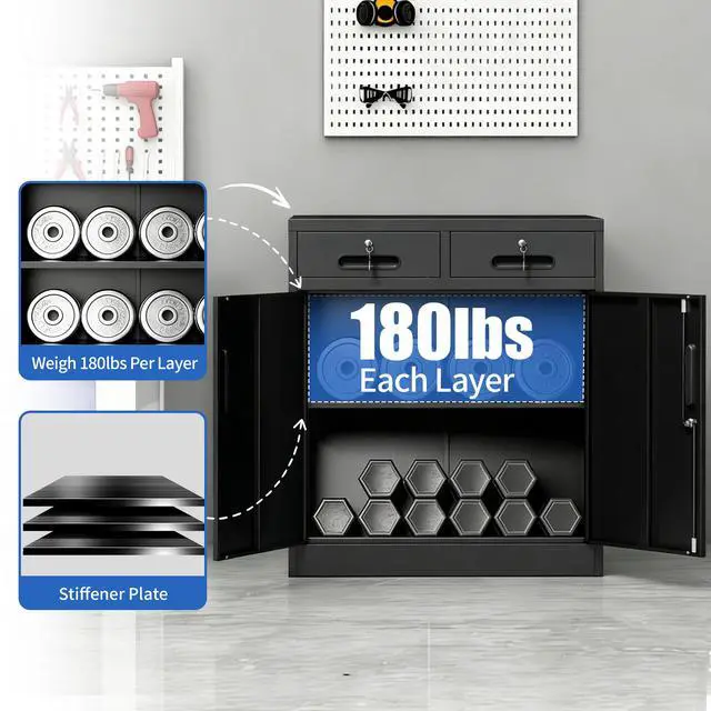 Alt view image 4 of 7 - Metal Storage Cabinet with Lock and Two Drawers, 2-Door Office Storage Cabinet with 1 Adjustable Shelves, Heavy Duty Steel File Cabinet for Home, Office, Garage, School (Black, 35.5"H)
