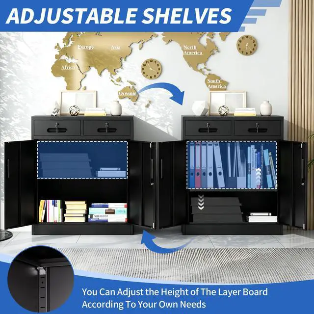 Alt view image 6 of 7 - Metal Storage Cabinet with Lock and Two Drawers, 2-Door Office Storage Cabinet with 1 Adjustable Shelves, Heavy Duty Steel File Cabinet for Home, Office, Garage, School (Black, 35.5"H)