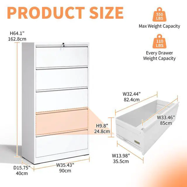 Alt view image 2 of 7 - 5 Drawer Metal Lateral File Cabinet , White Filing Cabinet with Lock, Lockable File Cabinet for Home Office, Locking Metal File Cabinet for Legal/Letter/A4/F4 Size