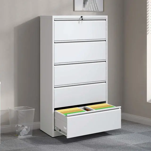 Alt view image 7 of 7 - 5 Drawer Metal Lateral File Cabinet , White Filing Cabinet with Lock, Lockable File Cabinet for Home Office, Locking Metal File Cabinet for Legal/Letter/A4/F4 Size