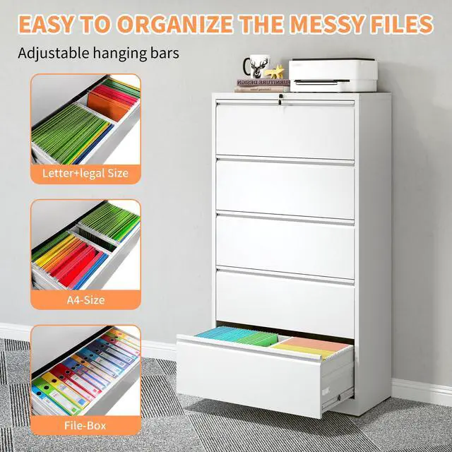 Alt view image 3 of 7 - 5 Drawer Metal Lateral File Cabinet , White Filing Cabinet with Lock, Lockable File Cabinet for Home Office, Locking Metal File Cabinet for Legal/Letter/A4/F4 Size