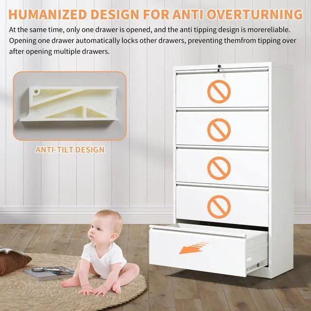 Alt view image 6 of 7 - 5 Drawer Metal Lateral File Cabinet , White Filing Cabinet with Lock, Lockable File Cabinet for Home Office, Locking Metal File Cabinet for Legal/Letter/A4/F4 Size