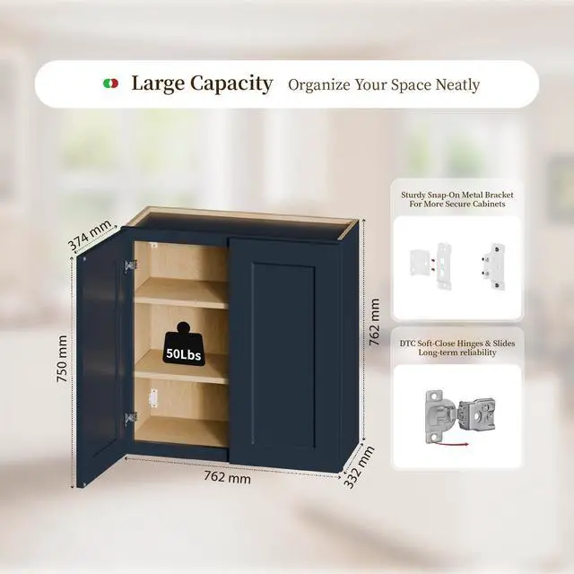 Alt view image 3 of 7 - Navy Blue Shaker 30" Solid Wood Wall Cabinet, Soft Close Hinges, Adjustable Shelves, Double Door for Kitchen,Bath,Laundry, 30Wx12Dx30H
