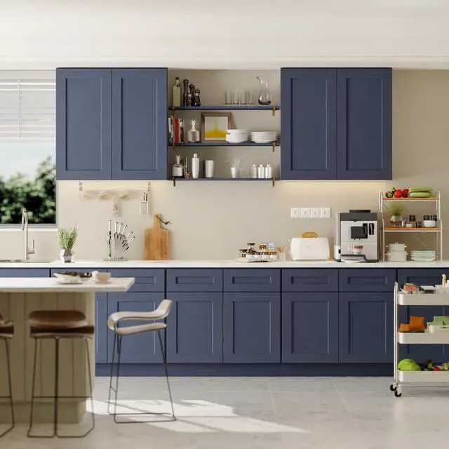 Alt view image 6 of 7 - Navy Blue Shaker 30" Solid Wood Wall Cabinet, Soft Close Hinges, Adjustable Shelves, Double Door for Kitchen,Bath,Laundry, 30Wx12Dx30H