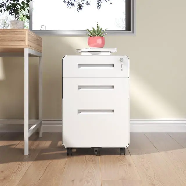 Alt view image 5 of 7 - 3-Drawer Wide Mobile File Cabinet with Lock, All-Steel Metal Storage Cabinet on Casters, for Home & Office,White, Fully Assembled, Holds A4/Letter Files, 110lbs/Drawer