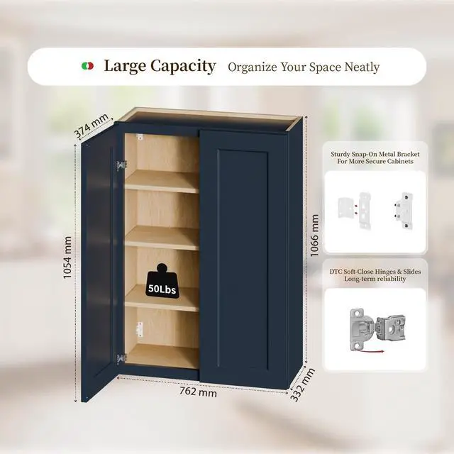 Alt view image 3 of 5 - Navy Blue Shaker 30" Solid Wood Wall Cabinet Soft-Close Hinges, Adjustable Shelves, Double Door. Ideal for Kitchen, Bath, Laundry. (30"W x 12"D x 42"H)