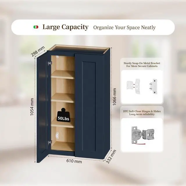 Alt view image 3 of 7 - Navy Blue Shaker 24" Solid Wood Wall Cabinet Soft-Close Hinges, Adjustable Shelves, Double Door. Ideal for Kitchen, Bath, Laundry. (24"W x 12"D x 42"H)