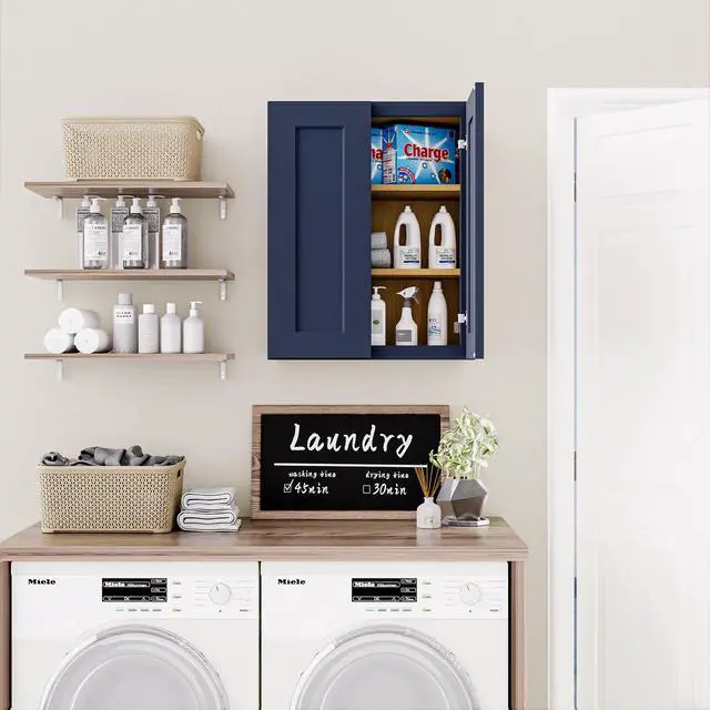Alt view image 6 of 7 - Navy Blue Shaker 24" Solid Wood Wall Cabinet Soft-Close Hinges, Adjustable Shelves, Double Door. Ideal for Kitchen, Bath, Laundry. (24"W x 12"D x 42"H)