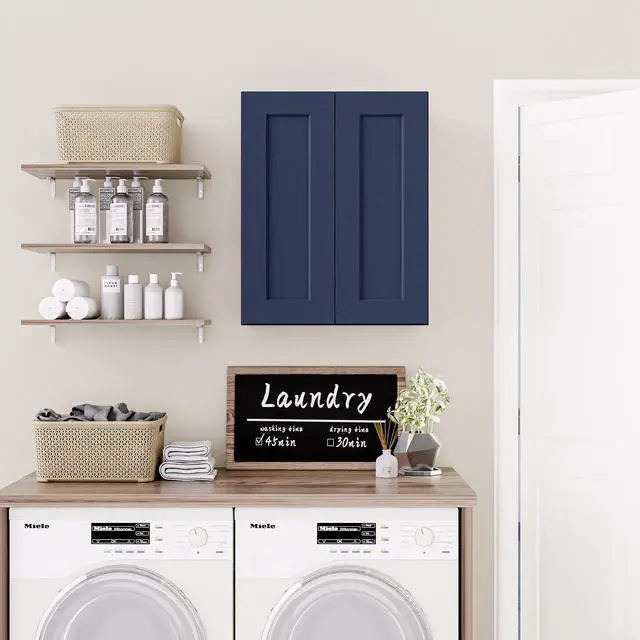 Alt view image 5 of 7 - Navy Blue Shaker 24" Solid Wood Wall Cabinet Soft-Close Hinges, Adjustable Shelves, Double Door. Ideal for Kitchen, Bath, Laundry. (24"W x 12"D x 42"H)