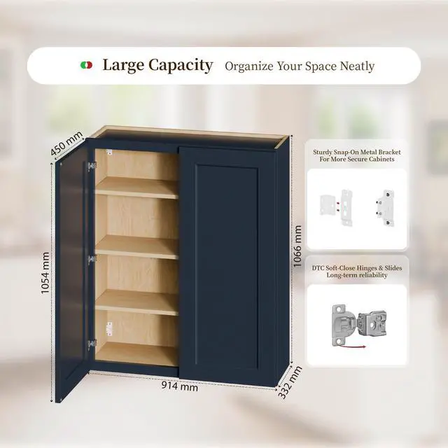Alt view image 3 of 7 - Navy Blue Shaker 36" Solid Wood Wall Cabinet Soft-Close Hinges, Adjustable Shelves, Double Door. Ideal for Kitchen, Bath, Laundry. (36"W x 12"D x 42"H)