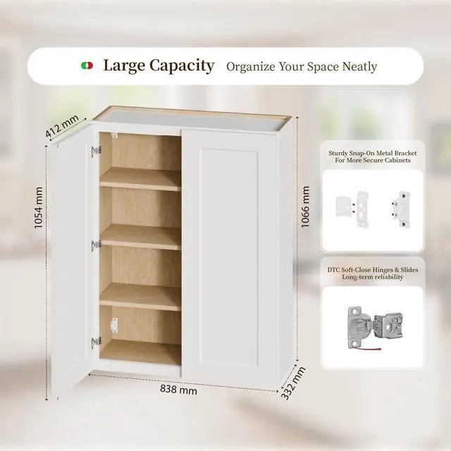 Alt view image 3 of 7 - 33 Inch White Shaker Double Door Wall Cabinet Solid Wood with 2 adjustable shelves Ready to Assemble for Kitchen,Bathroom,Laundry and Garage Storage(33"W×12"D×42"H)