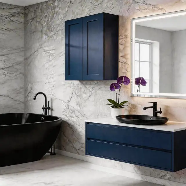 Alt view image 4 of 5 - Navy Blue Shaker 30" Solid Wood Wall Cabinet Soft-Close Hinges, Adjustable Shelves, Double Door. Ideal for Kitchen, Bath, Laundry. (30"W x 12"D x 42"H)
