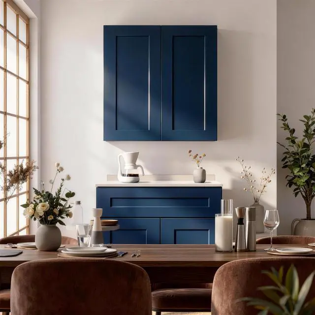 Alt view image 4 of 7 - Navy Blue Shaker 36" Solid Wood Wall Cabinet Soft-Close Hinges, Adjustable Shelves, Double Door. Ideal for Kitchen, Bath, Laundry. (36"W x 12"D x 42"H)