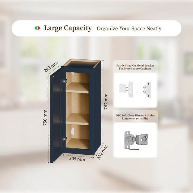 Alt view image 4 of 7 - 12" Navy Blue Shaker Wall Cabinet Solid Wood with 2 Adjustable Shelves Ready-to-Assemble for Kitchen, Bathroom, Laundry, and Garage Storage (12"W×12"D×30"H)